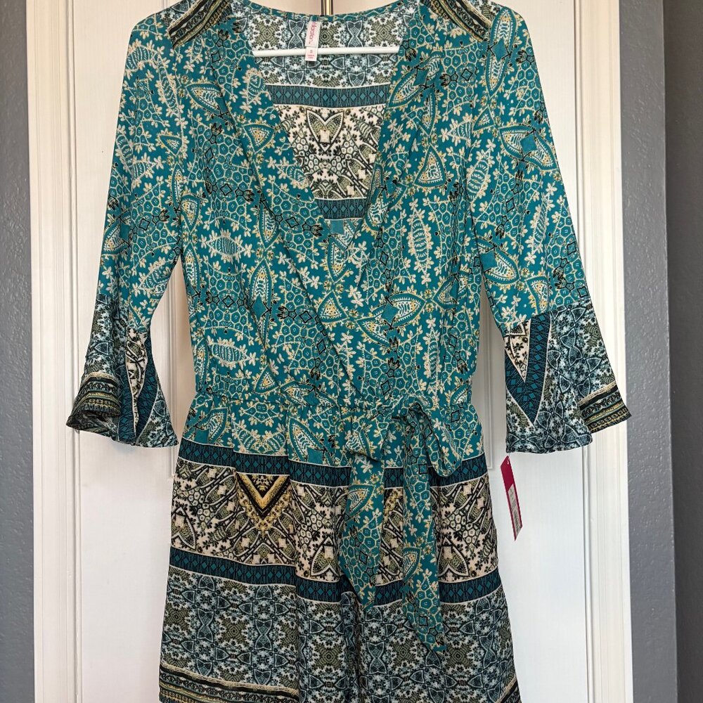 NWT Xhilaration Teal Romper Women's Size Small Lightweight Bell Sleeves Belted
